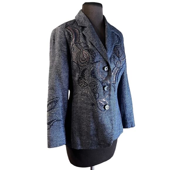 Y2K Coldwater Creek Sequin Embroidered Wool Blend Navy Blazer 6P Western Boho - Picture 1 of 8